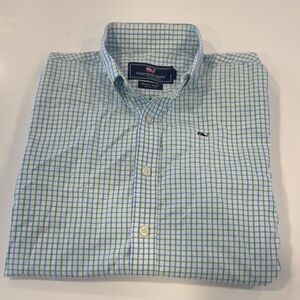 Vineyard Vines Blue and Green Plaid Whale Shirt size M (12-14)